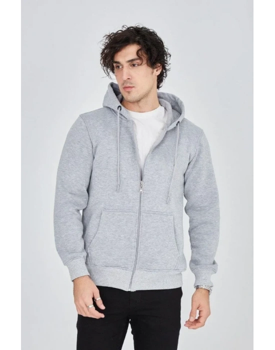 Erkek Kapüşonlu Düz Fermuarlı Hırka - Gri