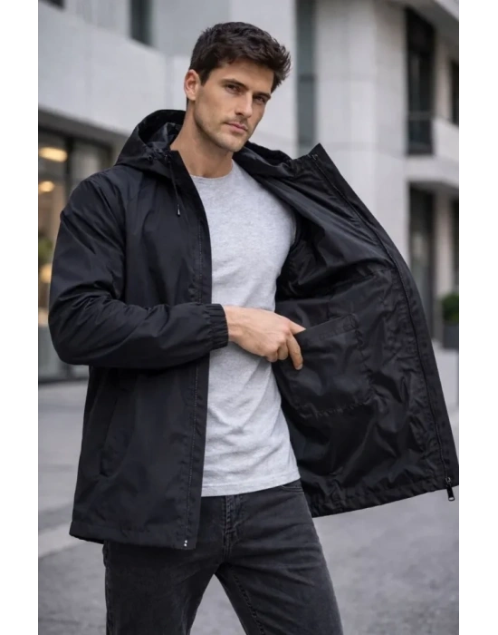 Erkek Kapüşonlu Su İtici Rüzgarlık Ceket Mevsimlik Hafif Mont - Siyah