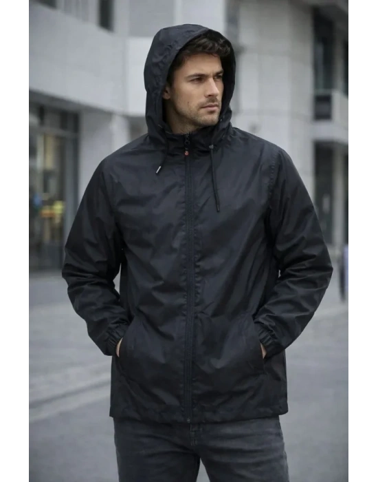 Erkek Kapüşonlu Su İtici Rüzgarlık Ceket Mevsimlik Hafif Mont - Siyah