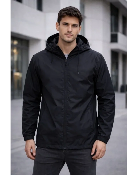 Erkek Kapüşonlu Su İtici Rüzgarlık Ceket Mevsimlik Hafif Mont - Siyah