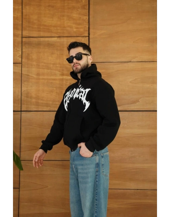 Erkek Kapüşonlu Sweatshirt  Hoodie 3 İplik Şardonlu Pamuklu Kumaş, Önü Baskılı, Fermuarlı Rahat Kalıp, Kışlık Ve Sokak Stili Sweat - Siyah