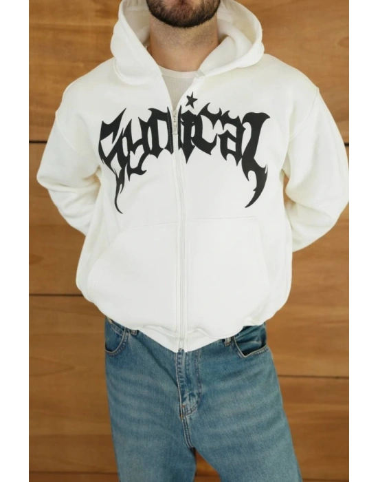 Erkek Kapüşonlu Sweatshirt Hoodie 3 İplik Şardonlu Pamuklu Kumaş, Önü Baskılı, Fermuarlı Rahat Kalıp, Kışlık Ve Sokak Stili Sweat - Beyaz