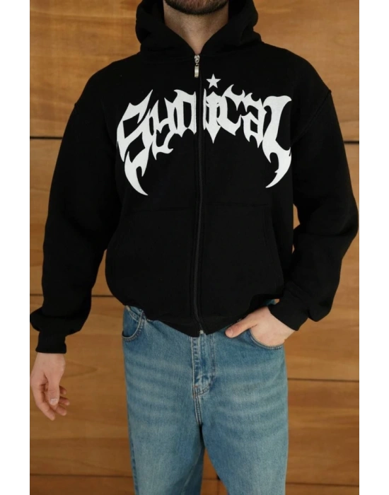 Erkek Kapüşonlu Sweatshirt  Hoodie 3 İplik Şardonlu Pamuklu Kumaş, Önü Baskılı, Fermuarlı Rahat Kalıp, Kışlık Ve Sokak Stili Sweat - Siyah