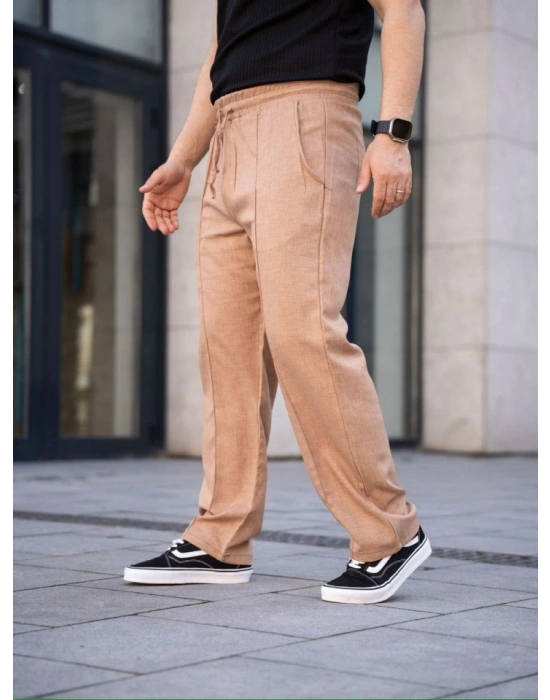 Erkek Keten Cepli Çıma Dikişli Jogger Buggy Pantalon Rahat Kalıp - Kahverengi