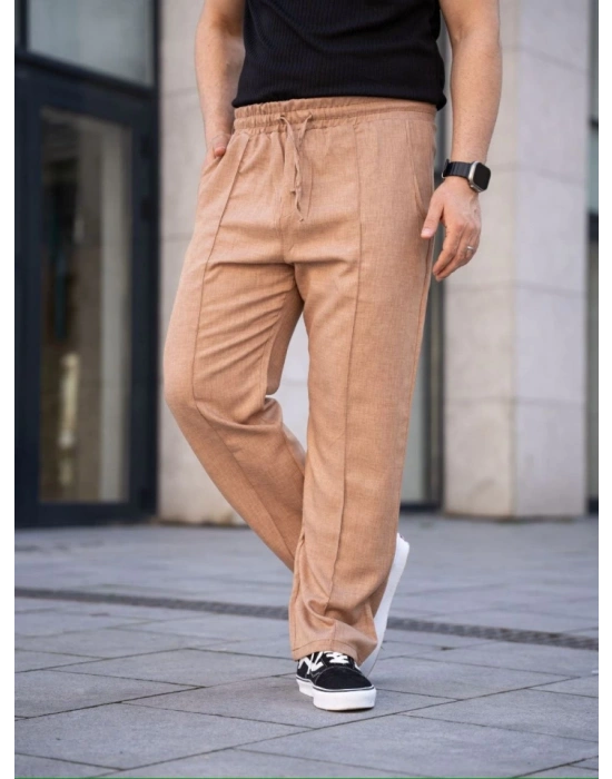 Erkek Keten Cepli Çıma Dikişli Jogger Buggy Pantalon Rahat Kalıp - Kahverengi