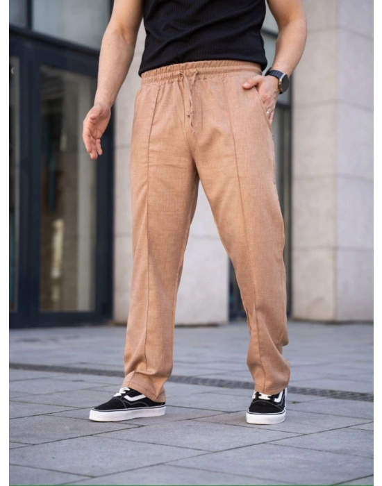 Erkek Keten Cepli Çıma Dikişli Jogger Buggy Pantalon Rahat Kalıp - Kahverengi