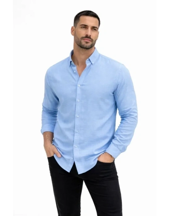 Erkek KETEN Kumaş Oversize Uzun Kollu Rahat Kalıp Gömlek - Açık Mavi