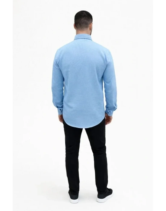 Erkek KETEN Kumaş Oversize Uzun Kollu Rahat Kalıp Gömlek - Açık Mavi