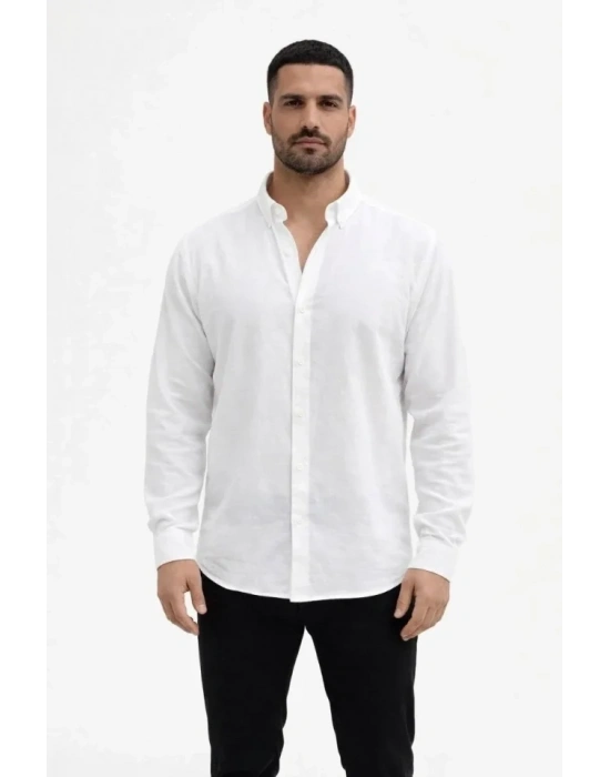 Erkek KETEN Kumaş Oversize Uzun Kollu Rahat Kalıp Gömlek - Beyaz