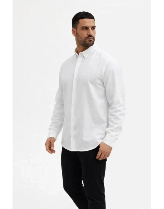 Erkek KETEN Kumaş Oversize Uzun Kollu Rahat Kalıp Gömlek - Beyaz