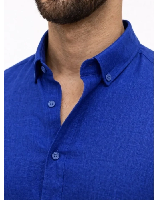 Erkek KETEN Kumaş Oversize Uzun Kollu Rahat Kalıp Gömlek - Saks Mavisi