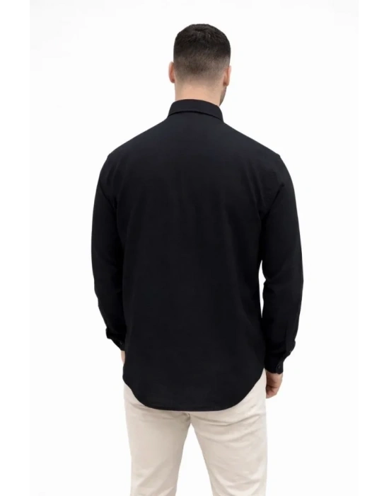 Erkek KETEN Kumaş Oversize Uzun Kollu Rahat Kalıp Gömlek - Siyah