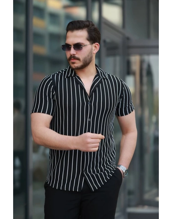 Erkek Kısa Kollu Beyaz çizgi Desenli örme Kumaş Pamuklu Gömlek