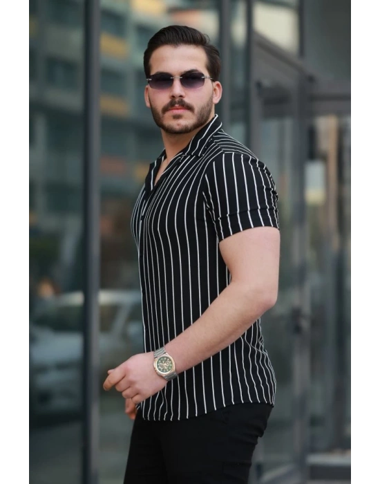 Erkek Kısa Kollu Beyaz çizgi Desenli örme Kumaş Pamuklu Gömlek