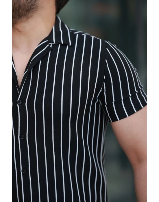 Erkek Kısa Kollu Beyaz çizgi Desenli örme Kumaş Pamuklu Gömlek
