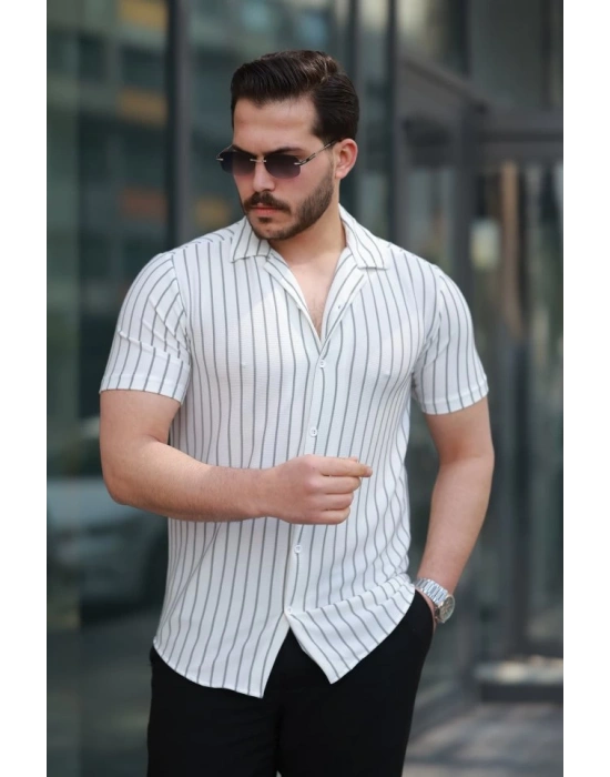 Erkek Kısa Kollu Gri çizgi Desenli örme Kumaş Pamuklu Gömlek