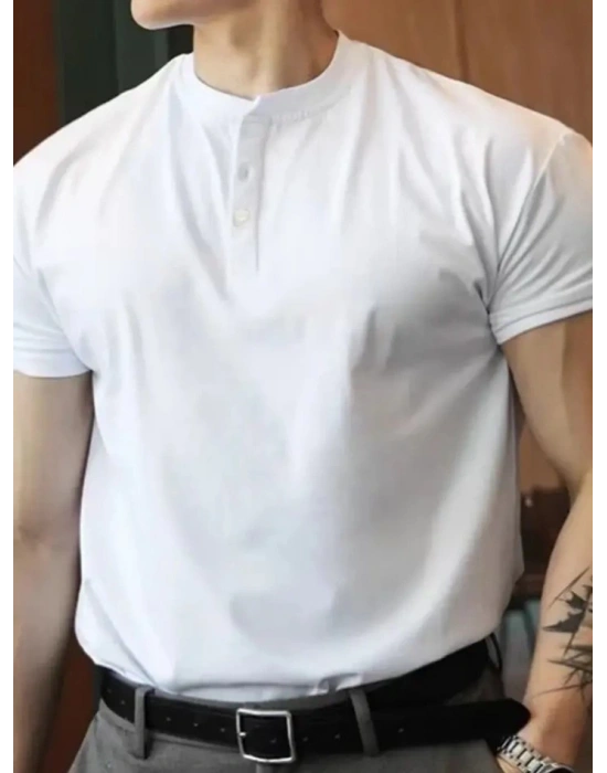 Erkek Kısa Kollu Hakim Yaka önü Düğmeli Viskon Tişört