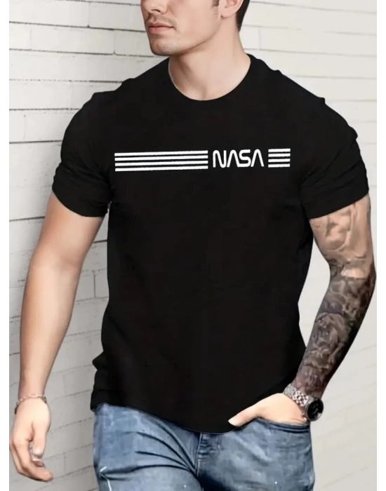 Erkek Kısa Kollu NASA Baskı Bisiklet Yaka T-shirt
