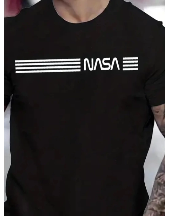 Erkek Kısa Kollu NASA Baskı Bisiklet Yaka T-shirt