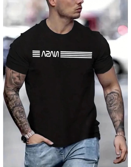 Erkek Kısa Kollu NASA Baskı Bisiklet Yaka T-shirt
