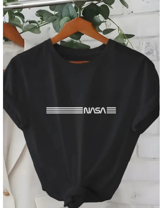 Erkek Kısa Kollu NASA Baskı Bisiklet Yaka T-shirt
