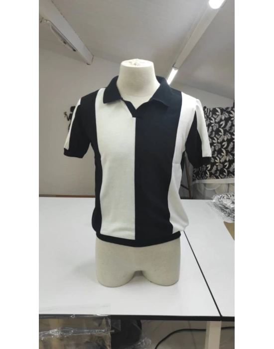 Erkek Kısa Kollu Polo Yakalı Blok Desenli Triko Bluz