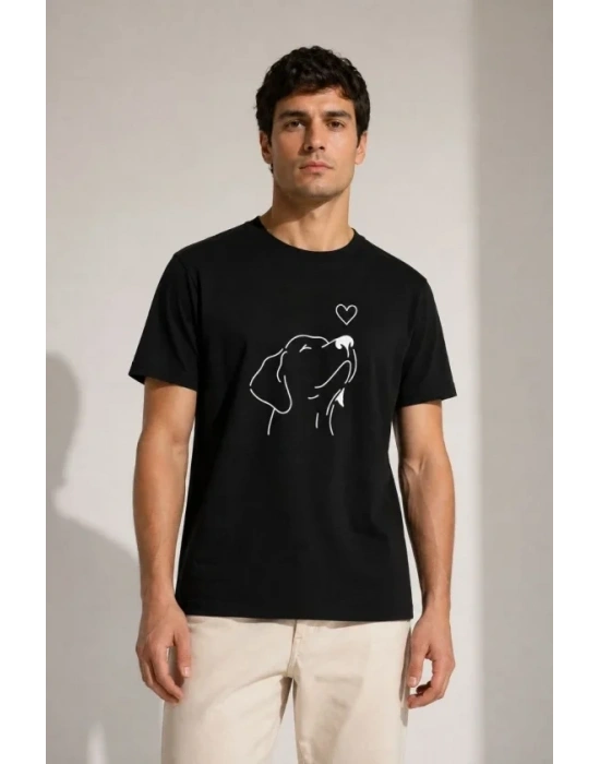 Erkek Köpek Figürlü Minimal Baskılı Tişört Kısa Kol Yazlık T-Shirt - Siyah