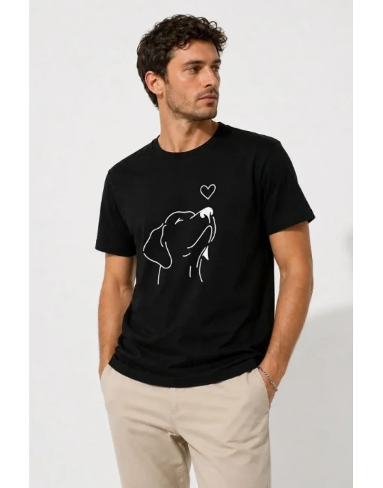 Erkek Köpek Figürlü Minimal Baskılı Tişört Kısa Kol Yazlık T-Shirt - Siyah