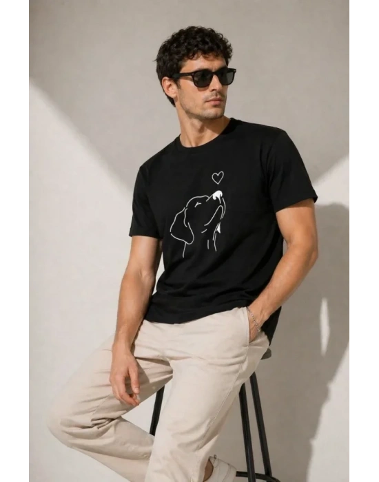 Erkek Köpek Figürlü Minimal Baskılı Tişört Kısa Kol Yazlık T-Shirt - Siyah