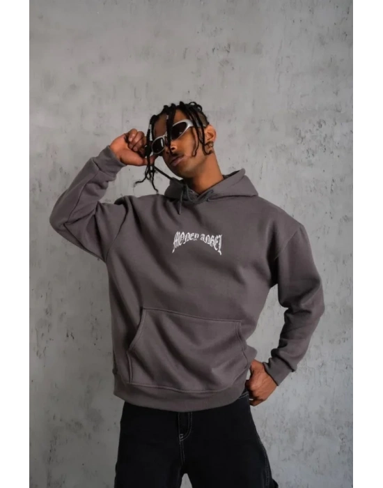 Erkek Kordon İpli Baskılı Kapüşonlu Sweatshirt - Füme