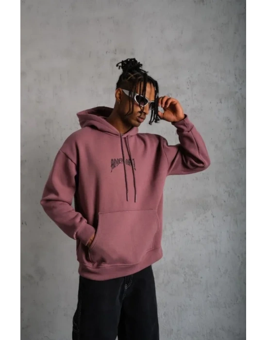 Erkek Kordon İpli Baskılı Kapüşonlu Sweatshirt - Gül Kurusu