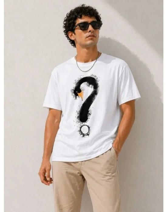 Erkek Kuğu Figürlü Soru İşareti Baskılı Tişört Kısa Kol T-Shirt - Beyaz