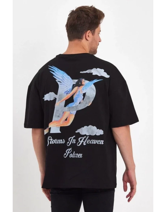 Erkek Melek Baskılı Oversize T-shirt - Siyah
