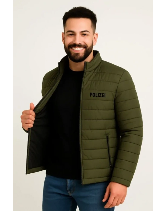 Erkek Mikro Su İtici Kapitone Baskılı Astarlı Fermuarlı Bomber Mont - Haki