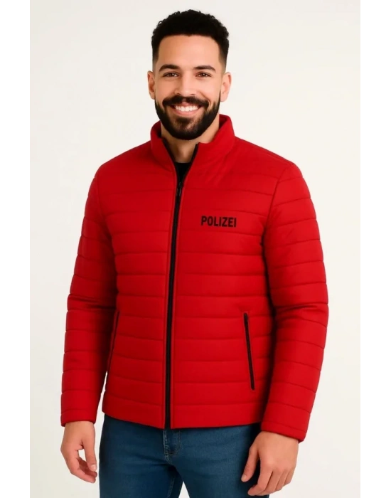 Erkek Mikro Su İtici Kapitone Baskılı Astarlı Fermuarlı Bomber Mont - Kırmızı