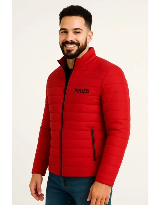 Erkek Mikro Su İtici Kapitone Baskılı Astarlı Fermuarlı Bomber Mont - Kırmızı