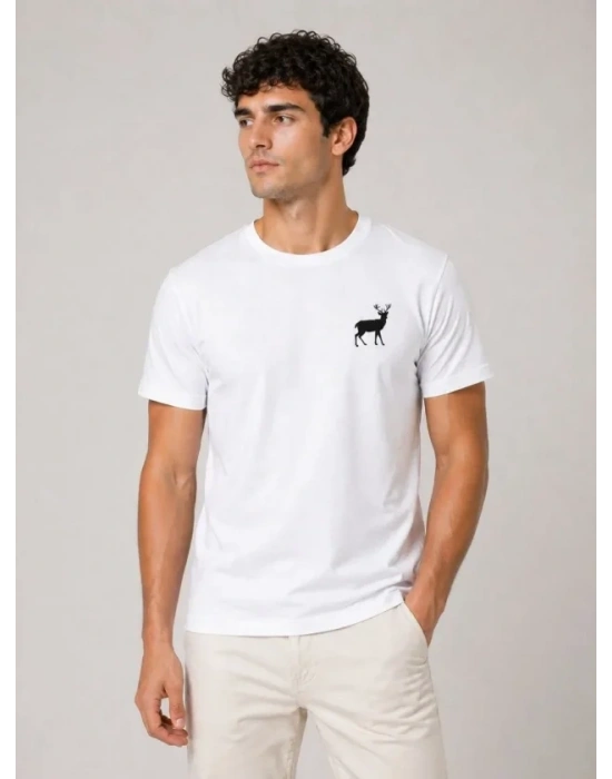 Erkek Minimal Geyik Logolu Tişört Bisiklet Yaka Kısa Kol Yazlık T-Shirt - Beyaz
