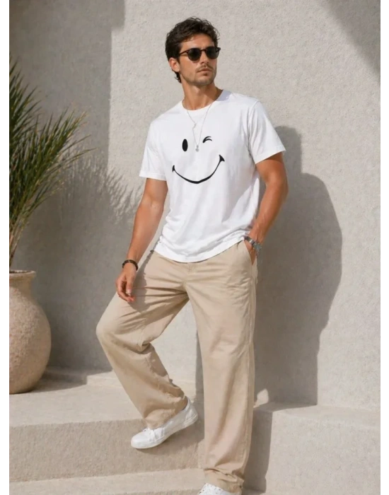 Erkek Minimal Gülümseyen Yüz Baskılı Tişört Kısa Kol Yazlık T-Shirt - Beyaz