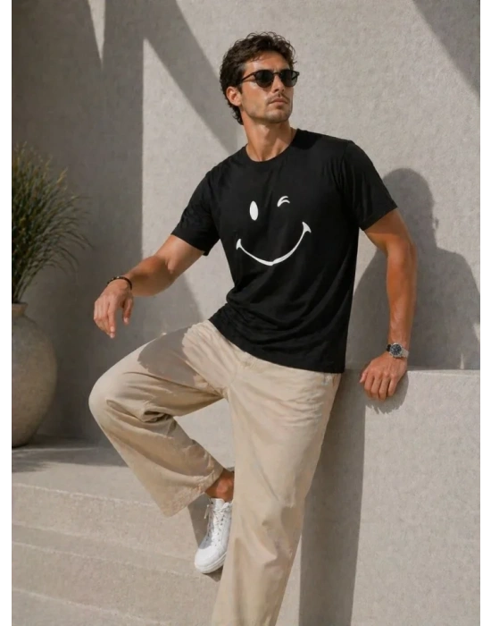 Erkek Minimal Gülümseyen Yüz Baskılı Tişört Kısa Kol Yazlık T-Shirt - Siyah