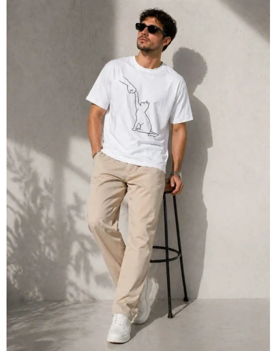 Erkek Minimal Kedi Çizim Baskılı Tişört Kısa Kol Yazlık T-Shirt - Beyaz
