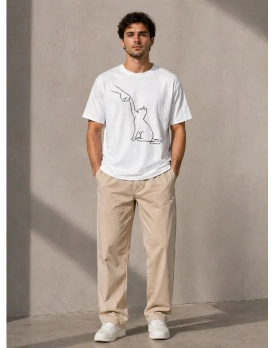 Erkek Minimal Kedi Çizim Baskılı Tişört Kısa Kol Yazlık T-Shirt - Beyaz