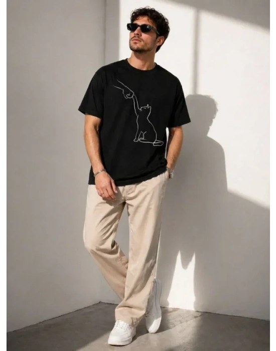 Erkek Minimal Kedi Çizim Baskılı Tişört Kısa Kol Yazlık T-Shirt - Siyah