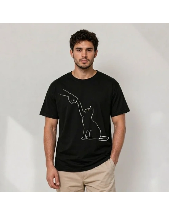 Erkek Minimal Kedi Çizim Baskılı Tişört Kısa Kol Yazlık T-Shirt - Siyah