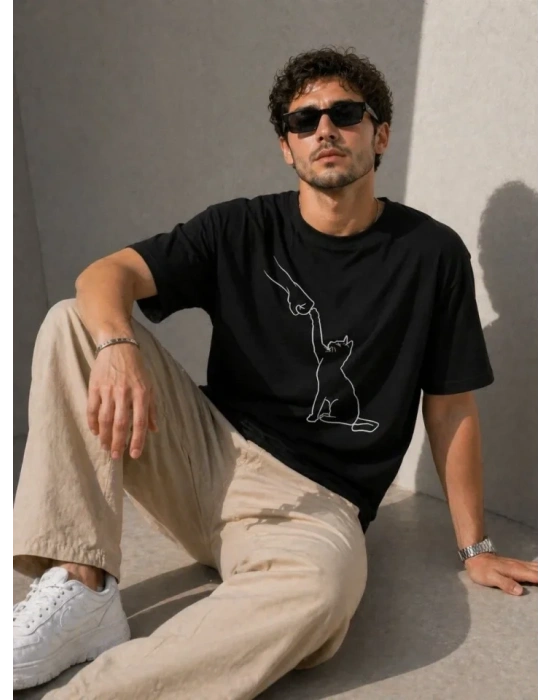 Erkek Minimal Kedi Çizim Baskılı Tişört Kısa Kol Yazlık T-Shirt - Siyah