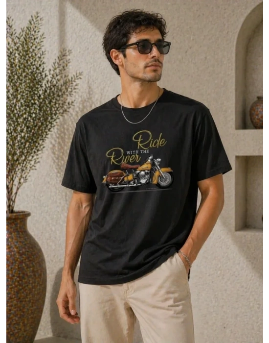 Erkek Motosiklet Baskılı Tişört Bisiklet Yaka Kısa Kol Yazlık T-Shirt - Siyah