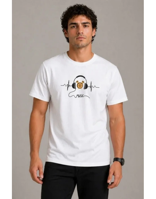 Erkek Müzik Temalı Baskılı Tişört Bisiklet Yaka Kısa Kol T-Shirt - Beyaz