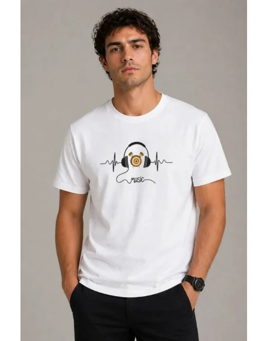 Erkek Müzik Temalı Baskılı Tişört Bisiklet Yaka Kısa Kol T-Shirt - Beyaz