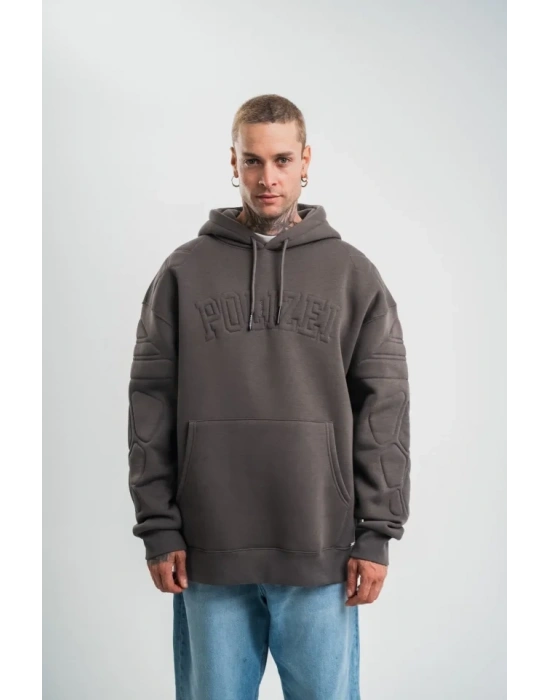 Erkek Nakış İşlemeli Kapşonlu Antrasit Sweatshirt Üç İplik Double Oversize- Füme