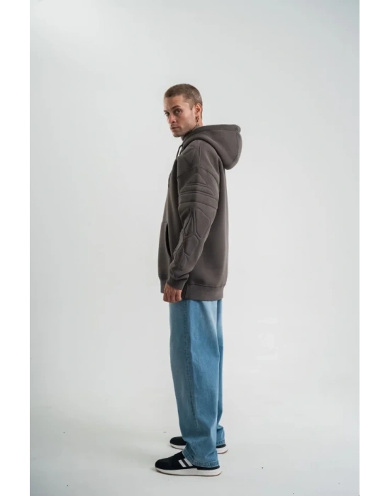 Erkek Nakış İşlemeli Kapşonlu Antrasit Sweatshirt Üç İplik Double Oversize- Füme