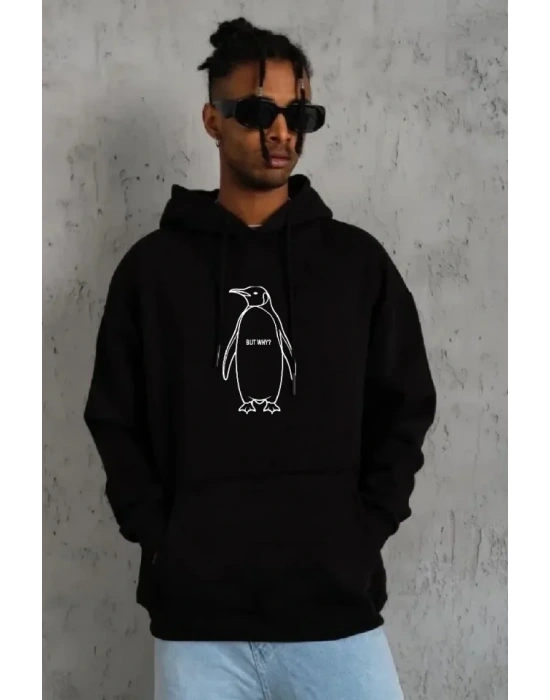 Erkek Nihilist Penguen Özel Tasarım Oversize Kapüşonlu Sweatshirt - Siyah